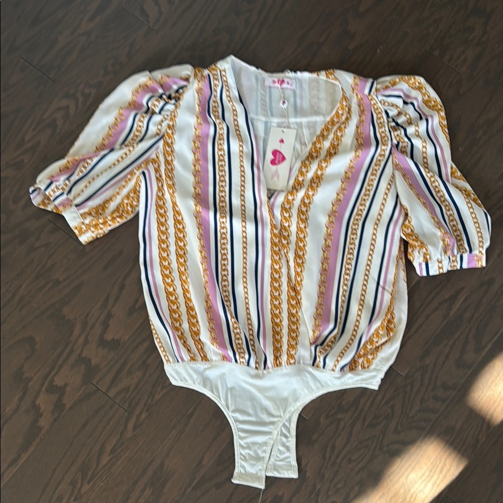 Buddy Love Gold and Pink Bodysuit with Plunging Neckline and Puff Sleeves